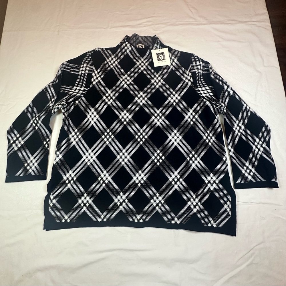 Anne Klein Women High Neck Pullover Plaid Sweater Viscose Black Size Large NWT